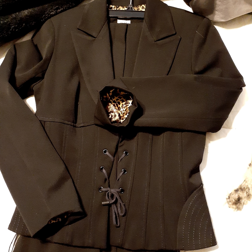 All black pantsuit with leopard inside design